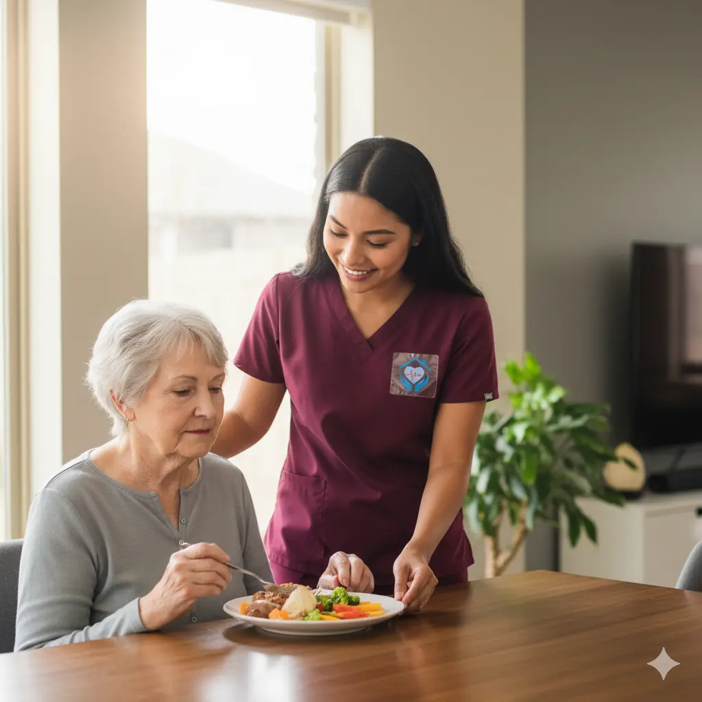Alzheimer's home support Houston caregiver helping senior with meal