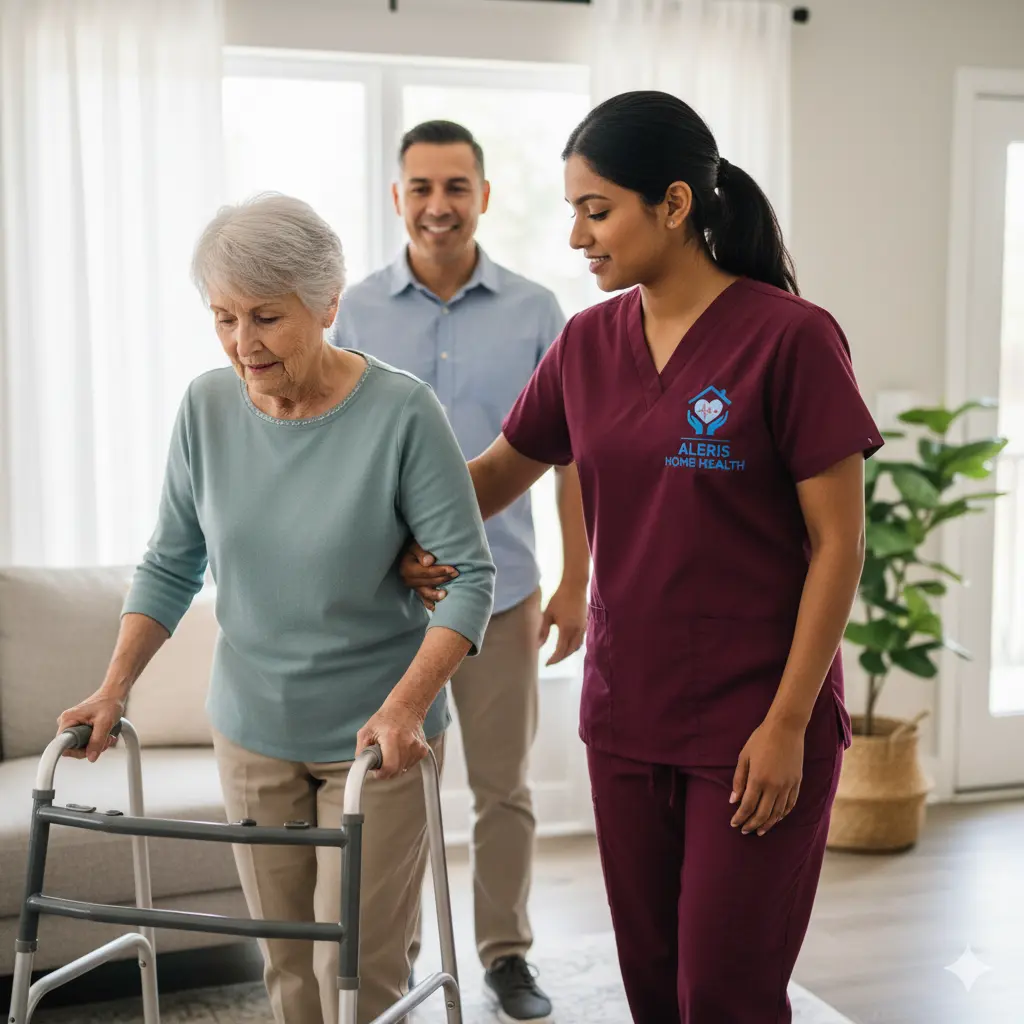 Nurse assisting an elderly woman with a walker during cardiac rehab at home in Sugar Land.