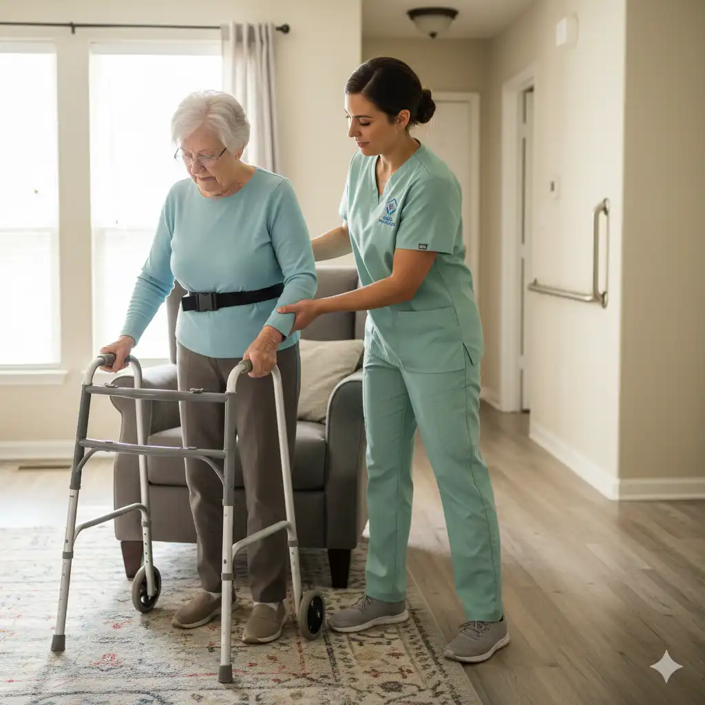 Aleris caregiver in light-green scrub with logo assists an older adult with a safe sit-to-stand transfer using a gait belt beside a walker in a Sugar Land home.