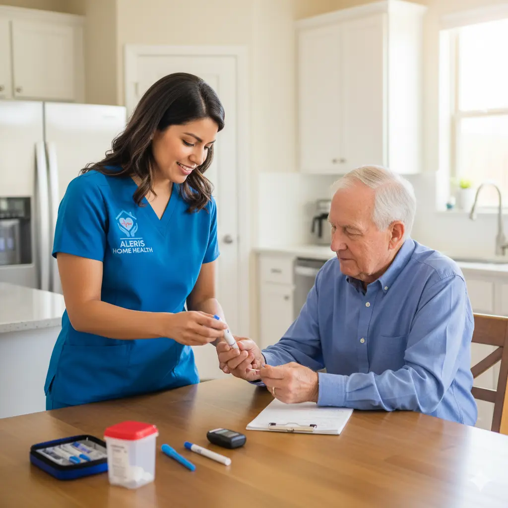 Nurse helping senior check blood sugar at home—how to care for a diabetic patient at home.