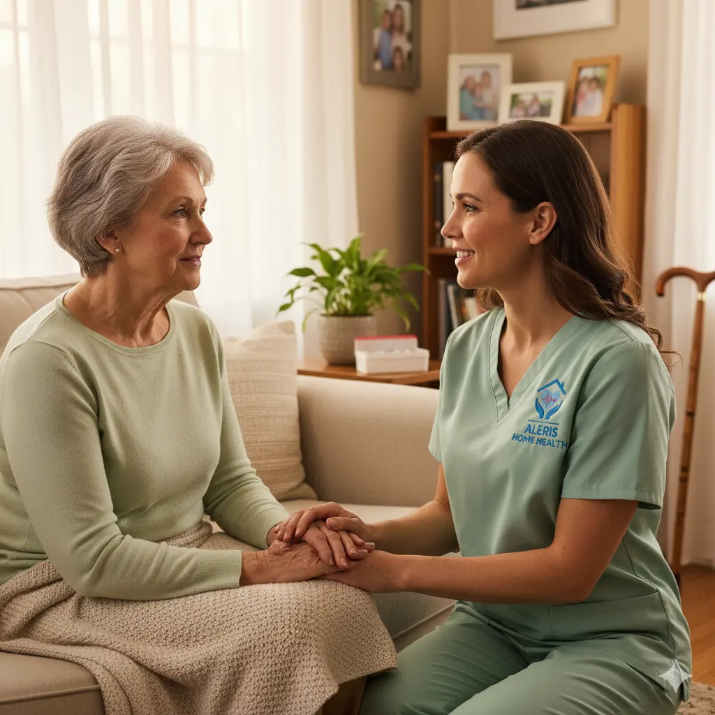 Compassionate in-home memory care in Sugar Land—Aleris nurse in light-green scrubs (logo on pocket) gently supports an older adult with dementia in a sunlit living room.