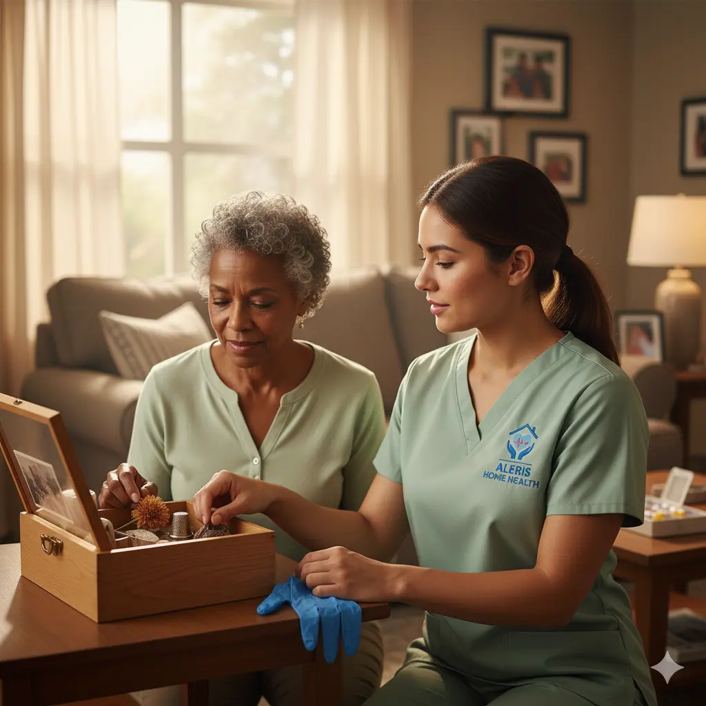 Aleris nurse providing in-home memory care to a senior—highlighting memory care vs nursing home options in Houston.