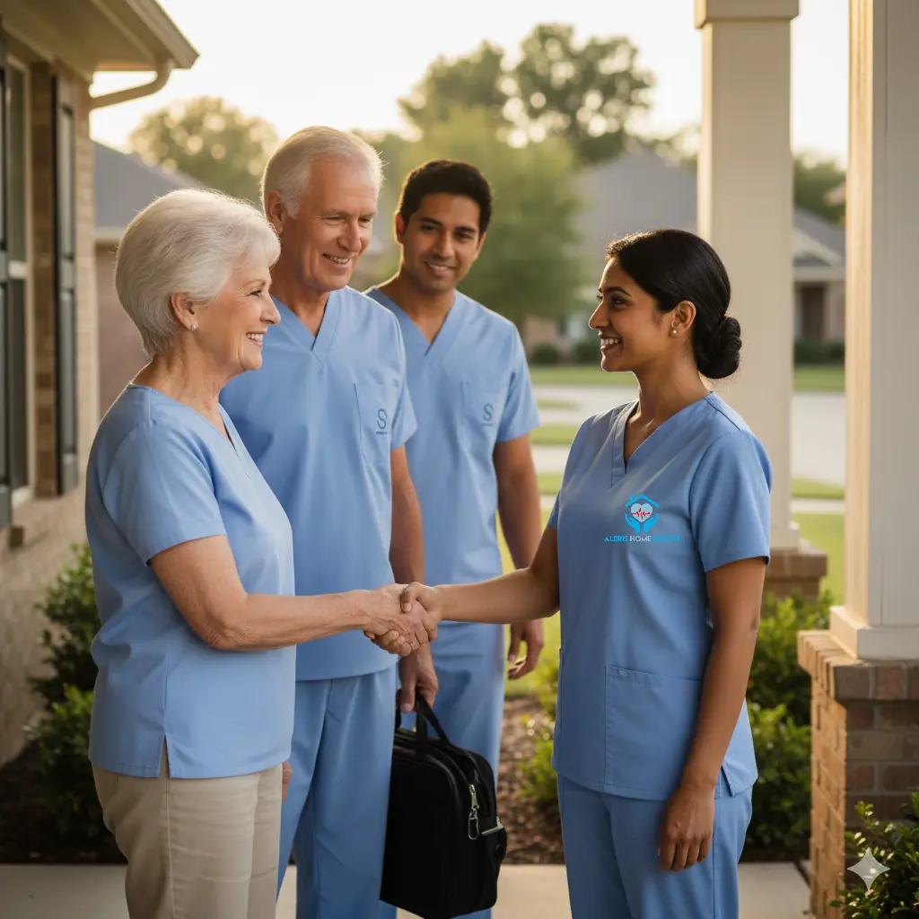 Nurse and caregiver greeting elderly couple at a Katy home.