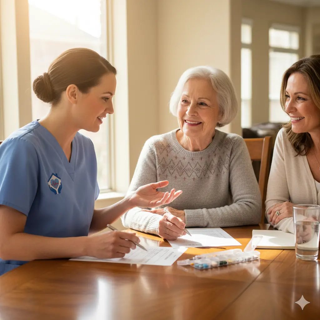 Private nurse explains a home care plan with family at the table