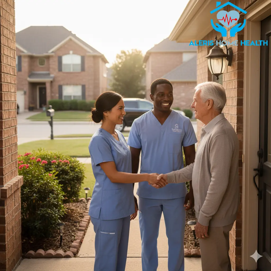 A compassionate nurse and caregiver team at the front door of a suburban West Houston home greeting an elderly couple. The nurse wears light blue scrubs with 'logo on light blue scrub pocket.' Golden-hour lighting, wide-angle, high resolution, welcoming mood, 4K, editorial style