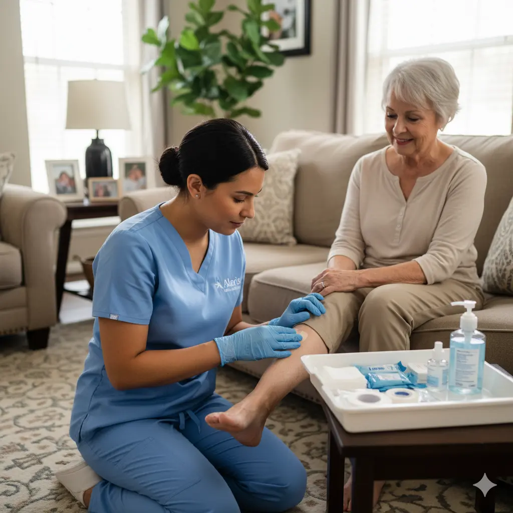 Private nurse checks wound dressing and teaches care steps
