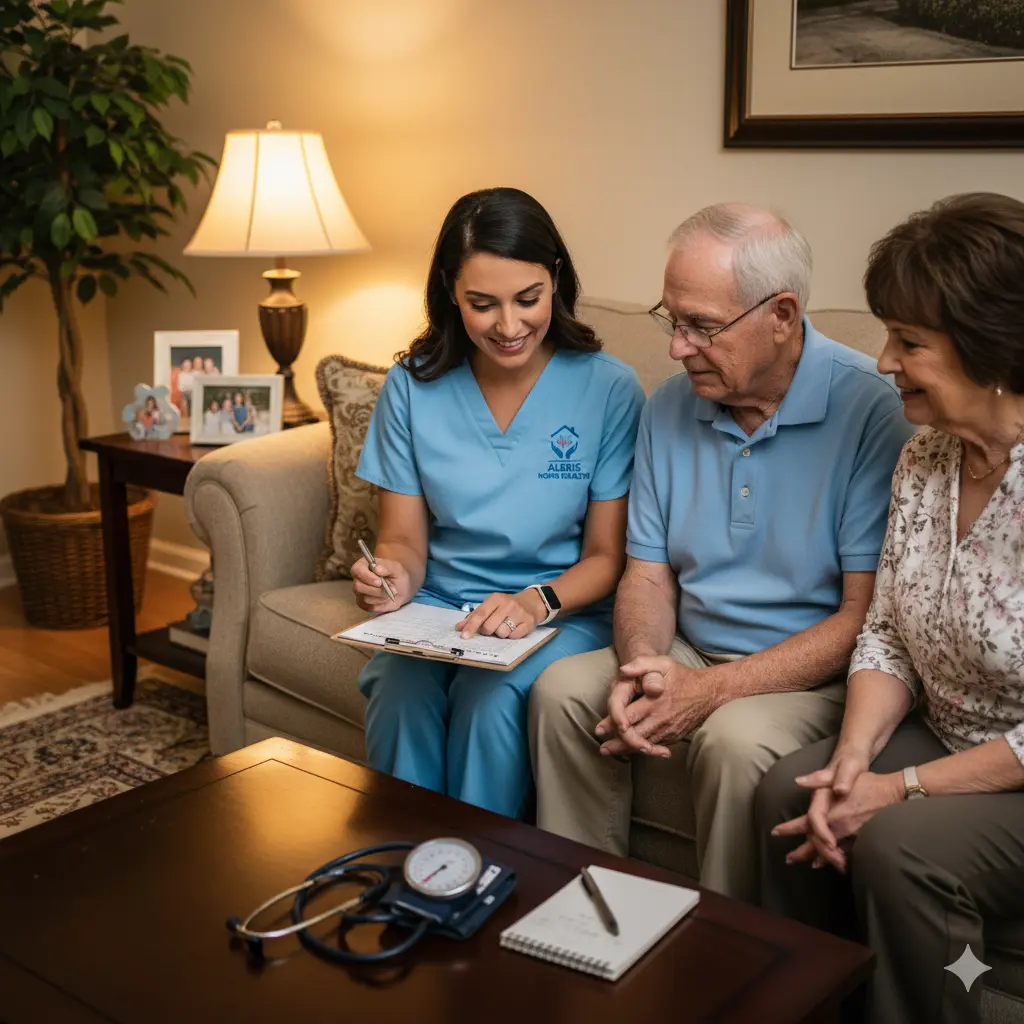 Nurse in light blue scrubs guides family through a home care plan