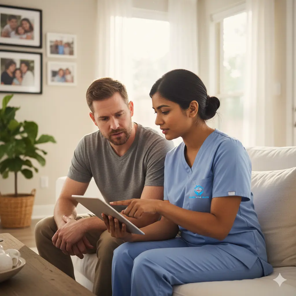 Nurse reviewing care plan with family at home.