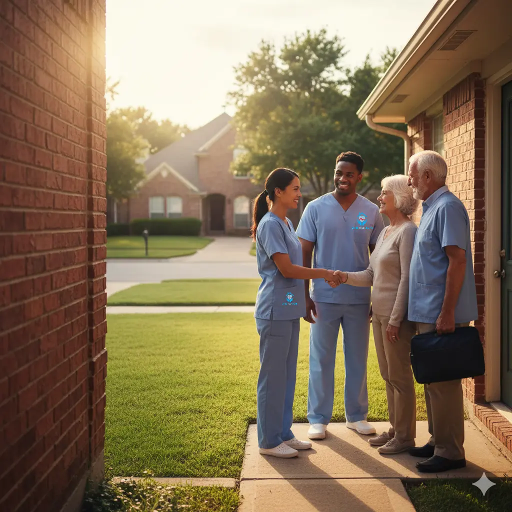 Home care team greeting seniors at a West Houston home.