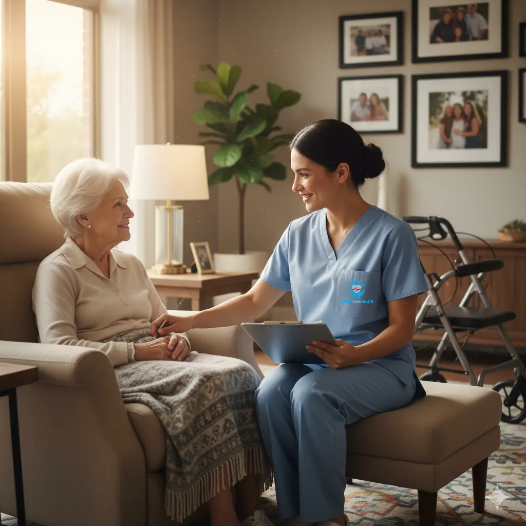 Nurse assisting elderly woman at home in Sugar Land.