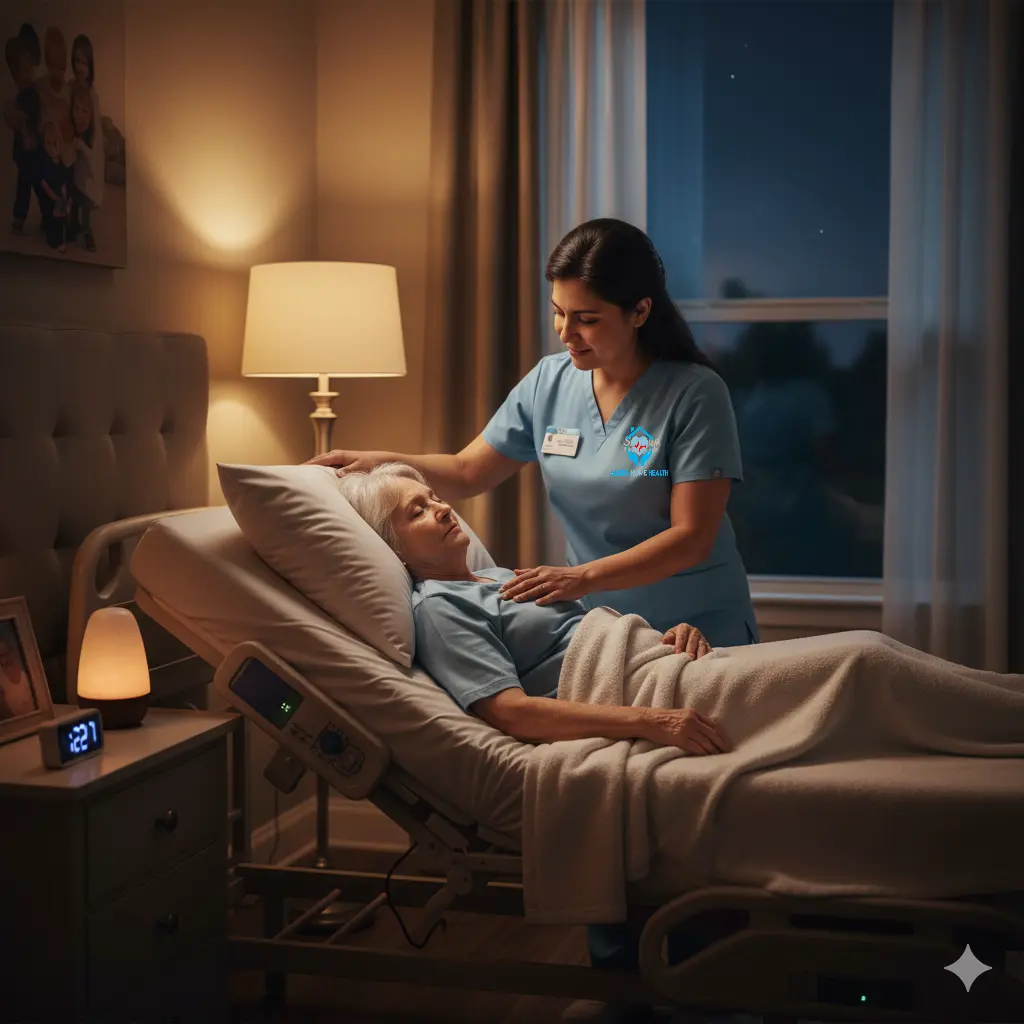 Nurse assisting elderly patient overnight at home