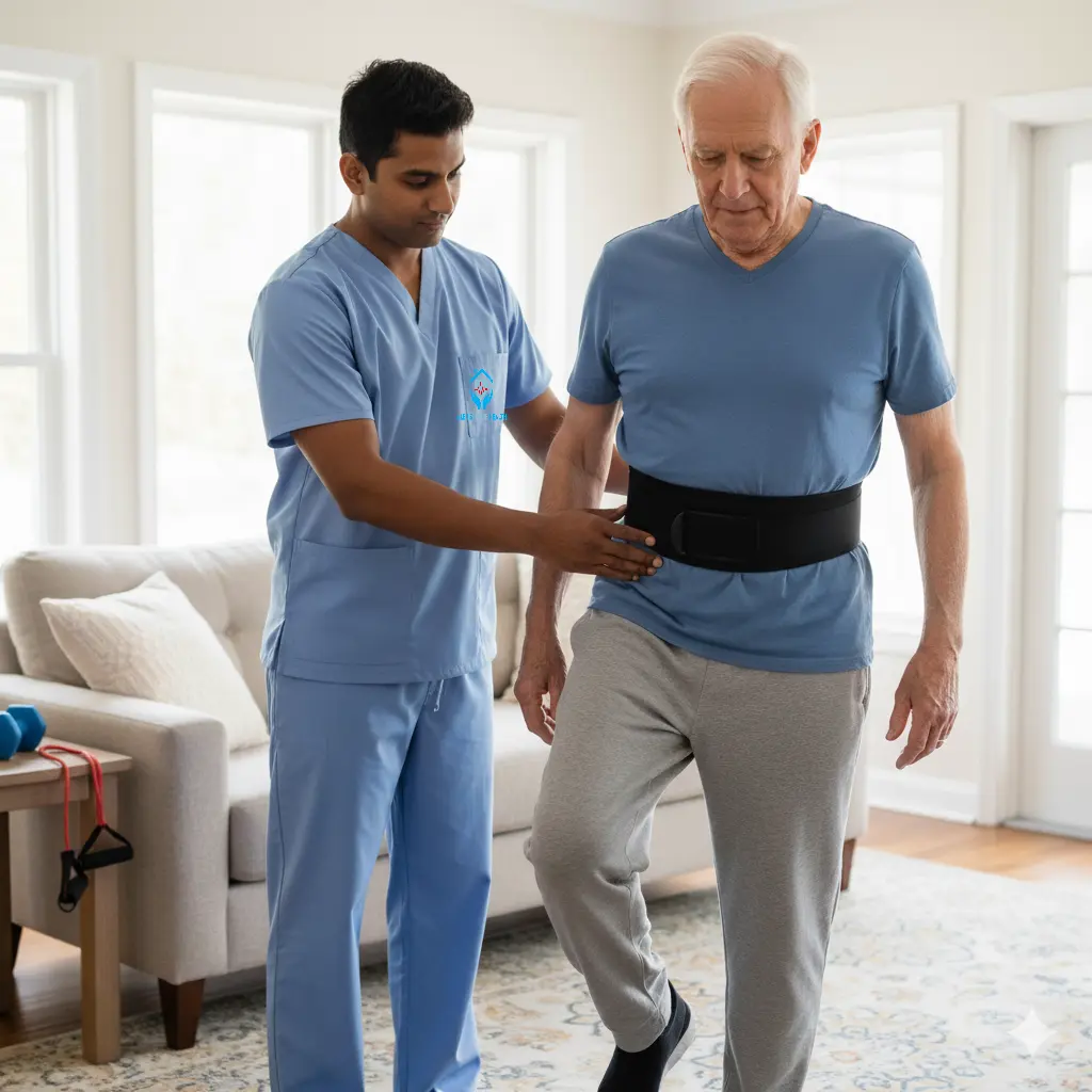 Caregiver assisting with mobility and exercises at home