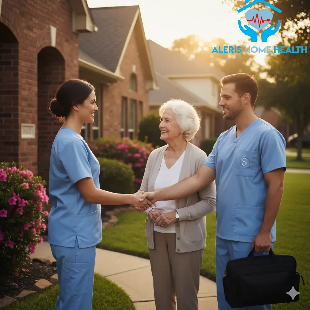 Nurse and caregiver greeting elderly couple at a Katy home.