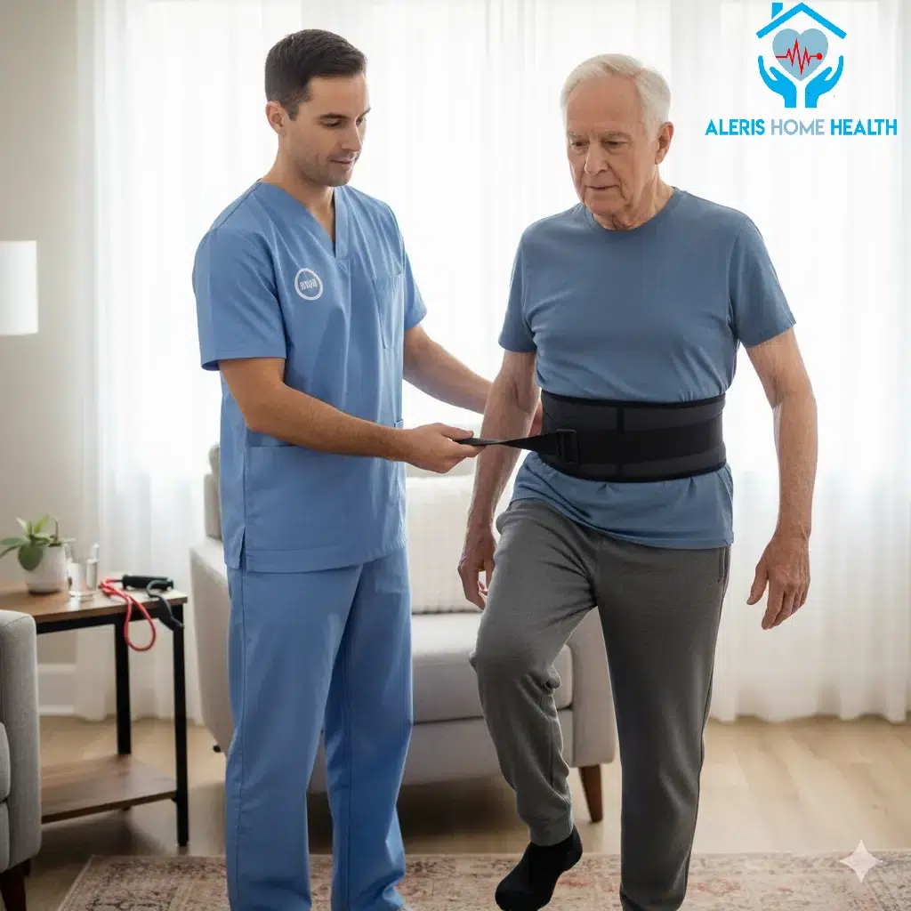 Mobility support at home Caregiver assisting with mobility and exercises at home