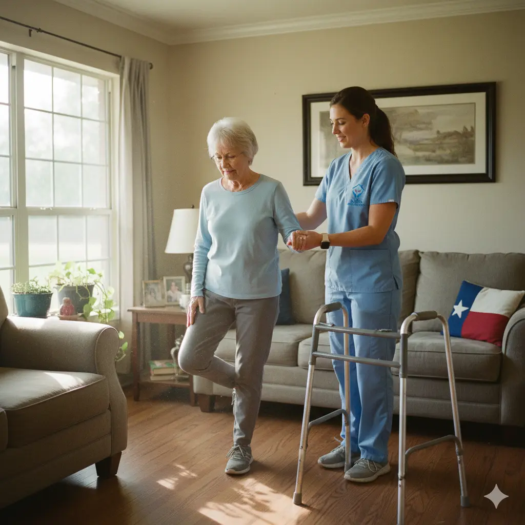 PT helping older man balance during home session in Katy.