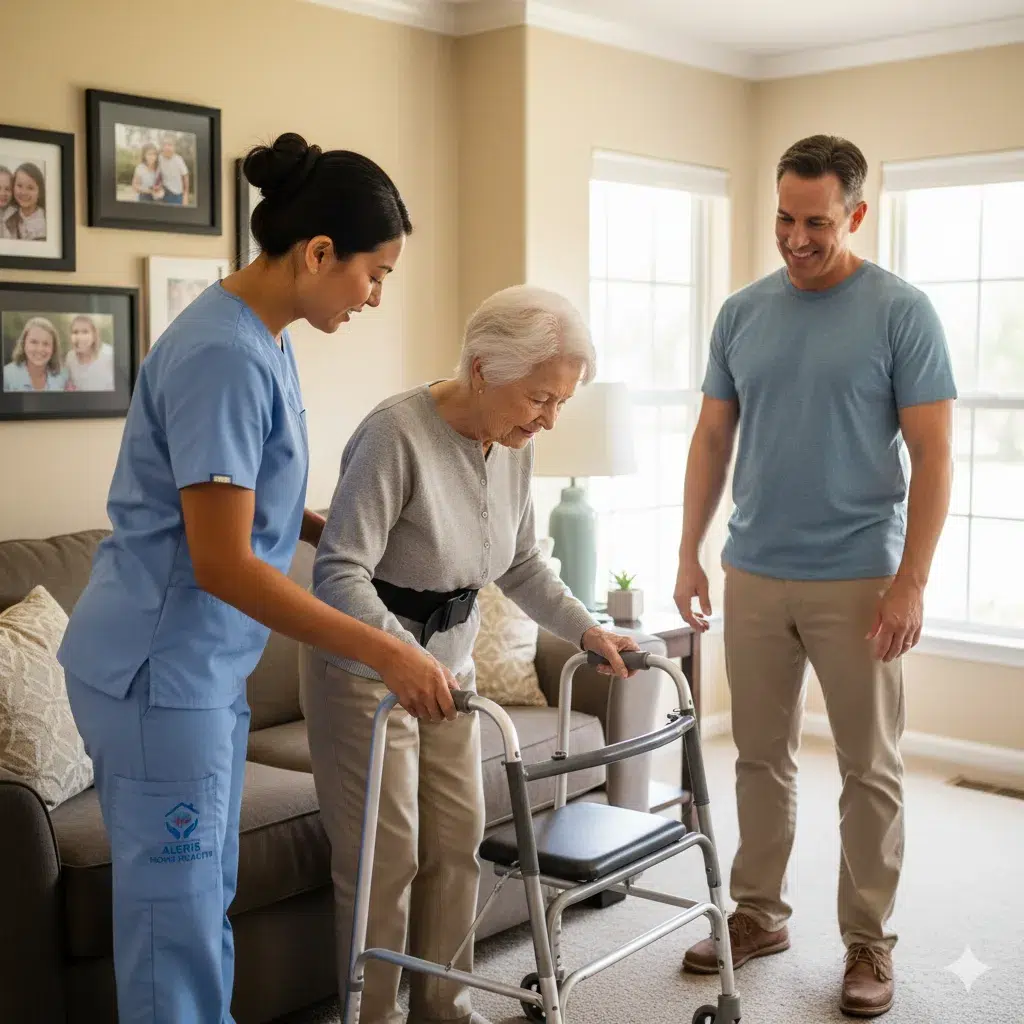 Occupational therapist instructing safe transfers in a living room