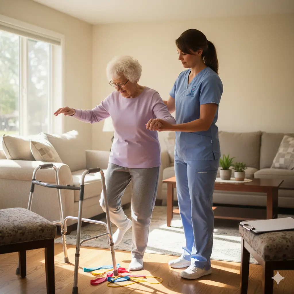 Physical therapist guiding balance exercises in a home living room.