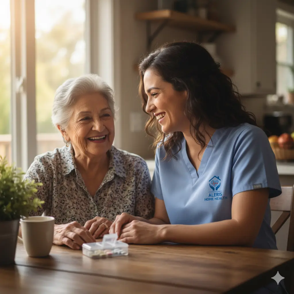 Caregiver chatting with an elderly woman at a kitchen table.
