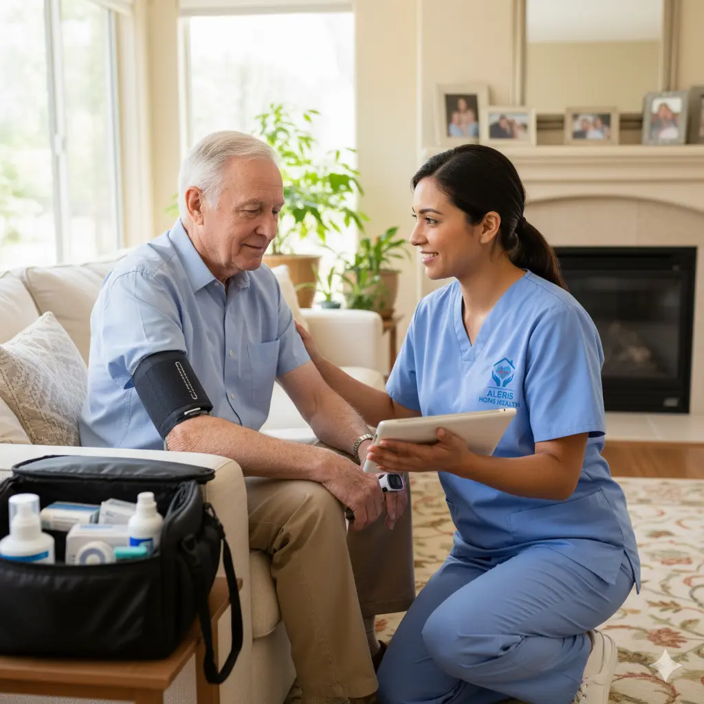 Nurse performing home assessment in living room.