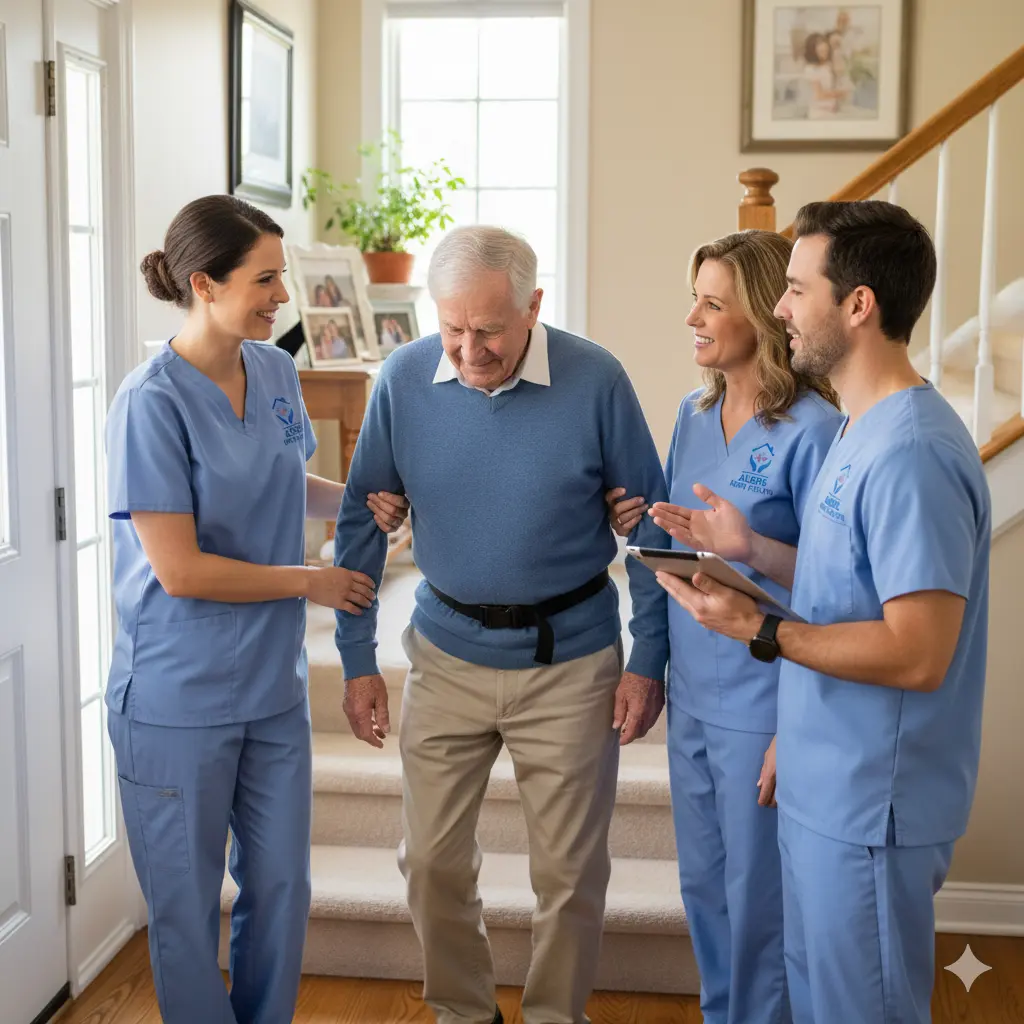 Caregiver assisting older adult at home entry.