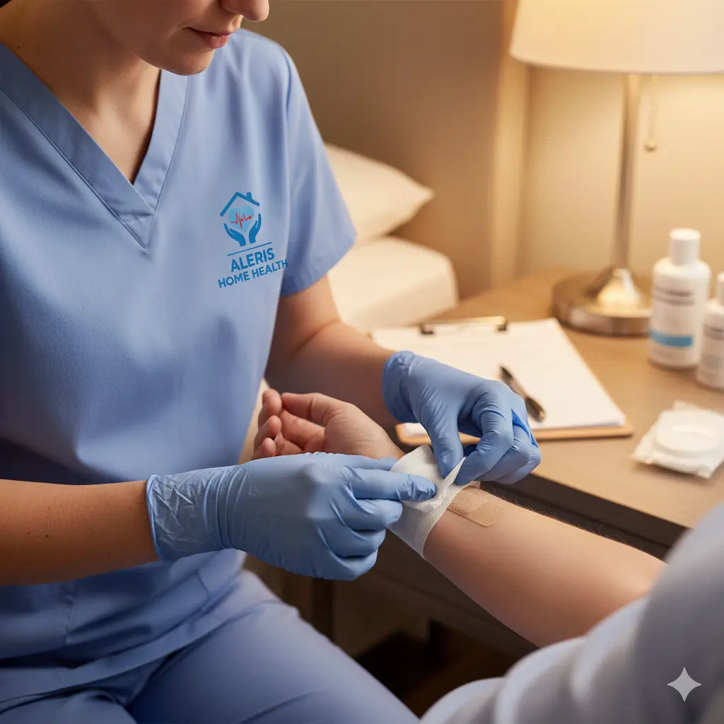 Skilled nursing wound check at home Licensed nurse checking a patient's wound dressing in a home bedroom.