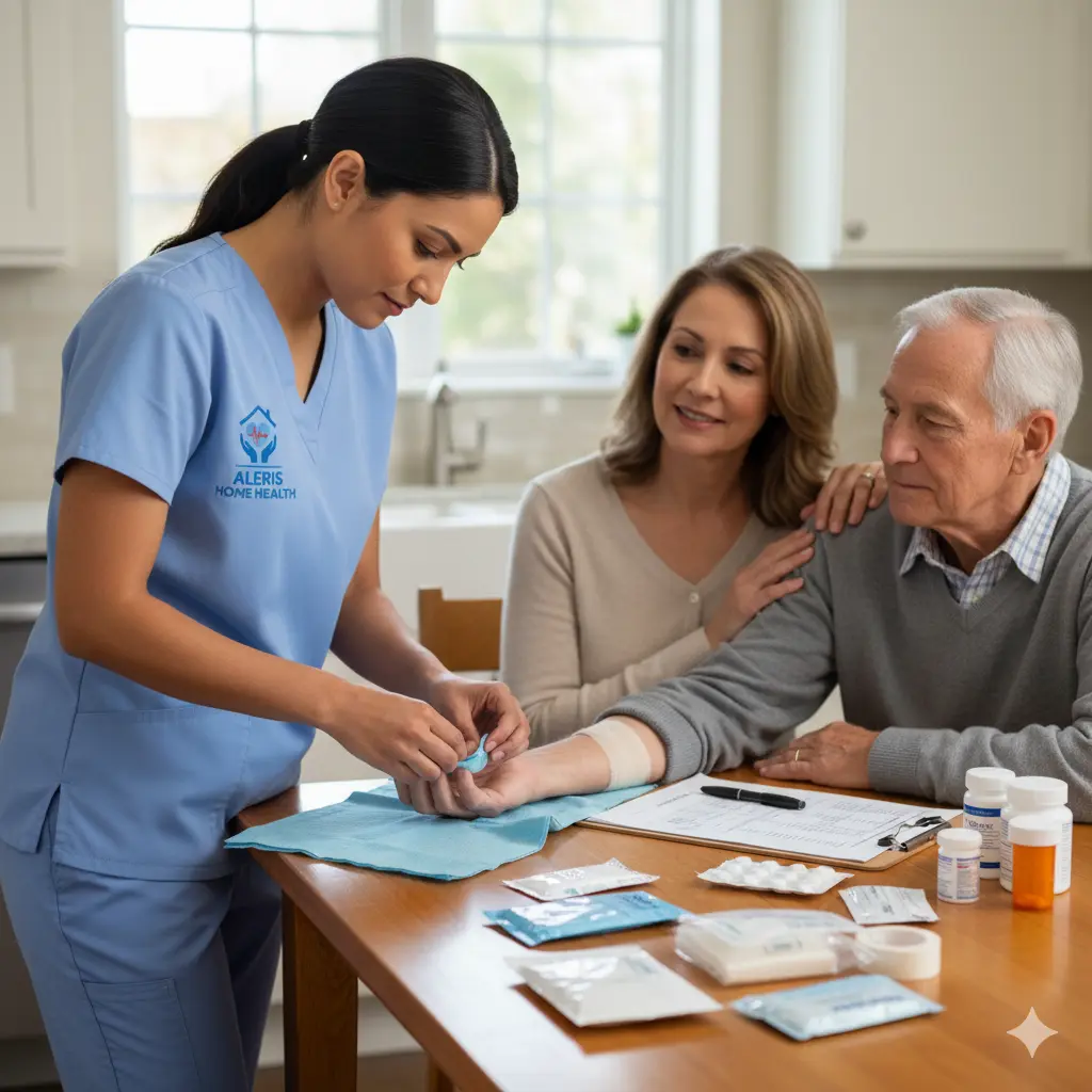 Home nurse performing wound care and medication review.