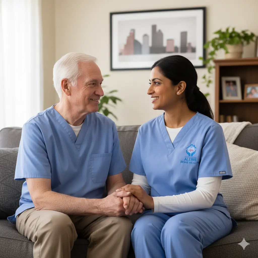 Friendly caregiver helping older man at home.