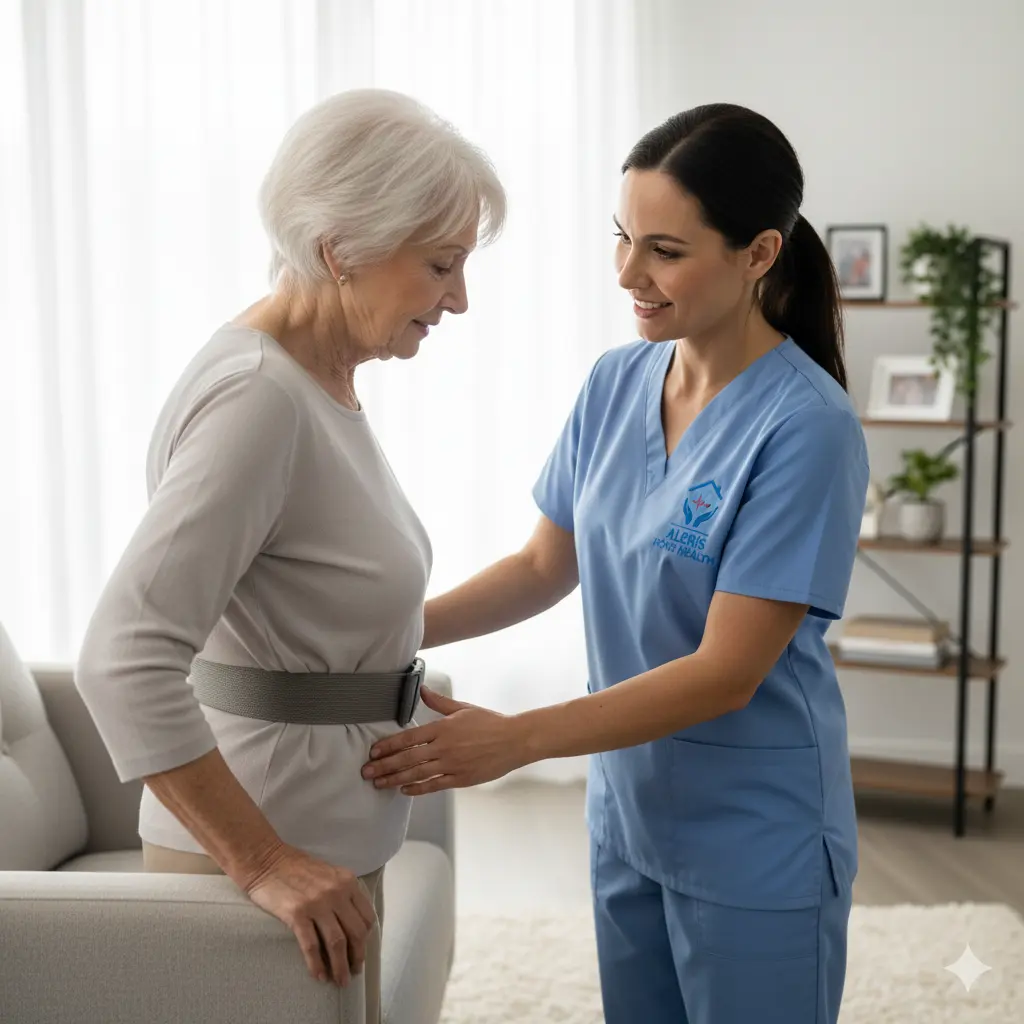 In-home occupational therapy session in The Woodlands Occupational therapist guiding a senior to stand from a chair in a living room, Aleris logo on scrub pocket.