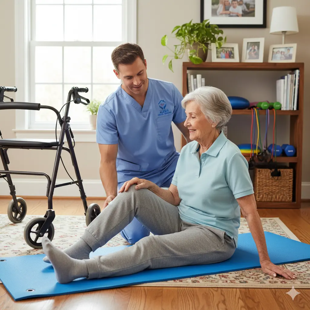 Physical therapist guiding senior in home exercise.