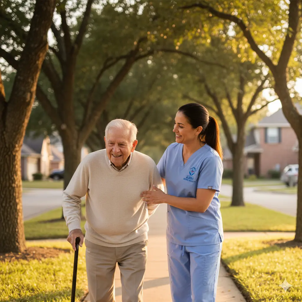 Caregiver and elderly man walking on suburban sidewalk in The Woodlands neighborhood.