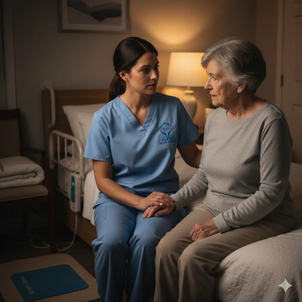 Night caregiver reassuring an elderly patient at the bedside.