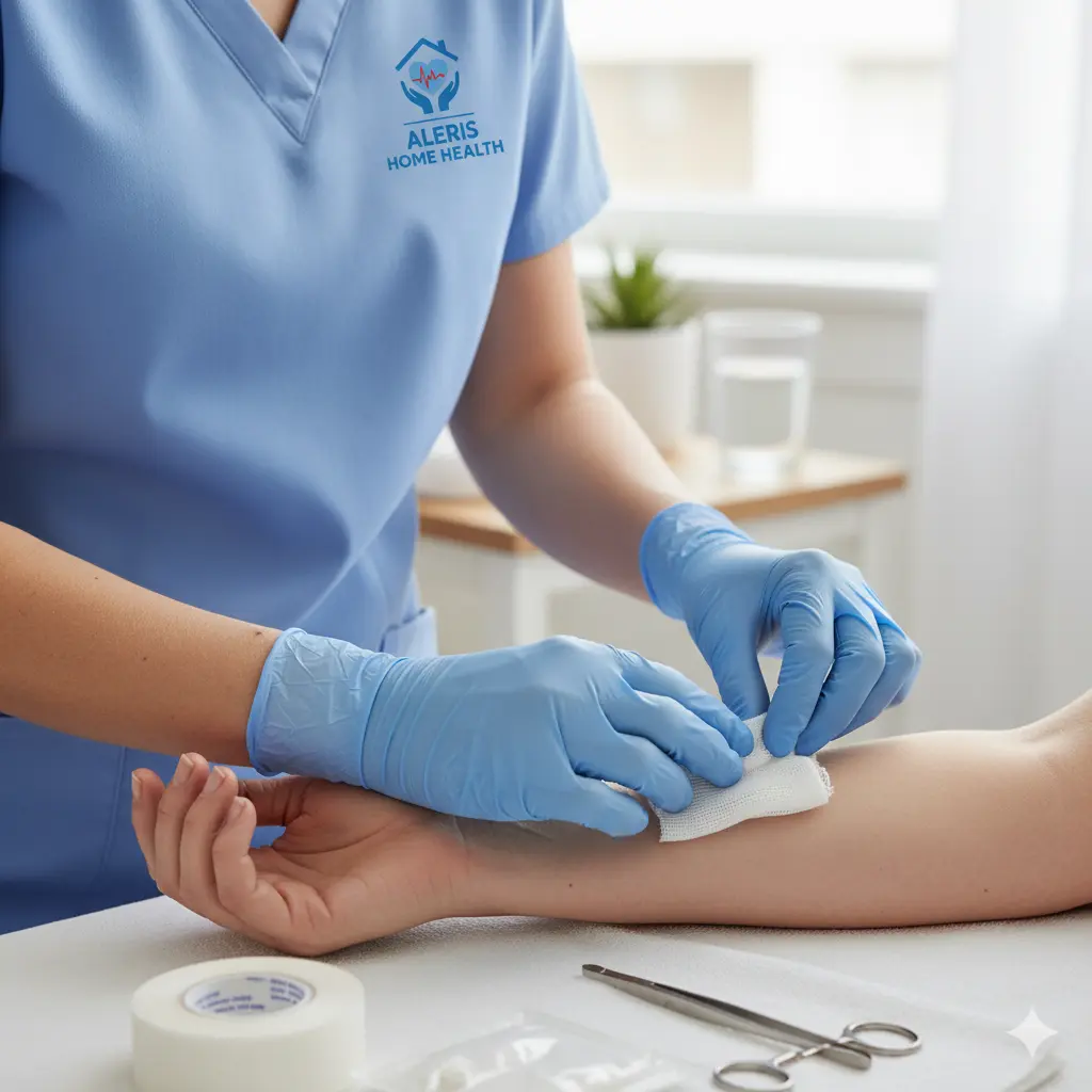 Nurse providing wound care at home