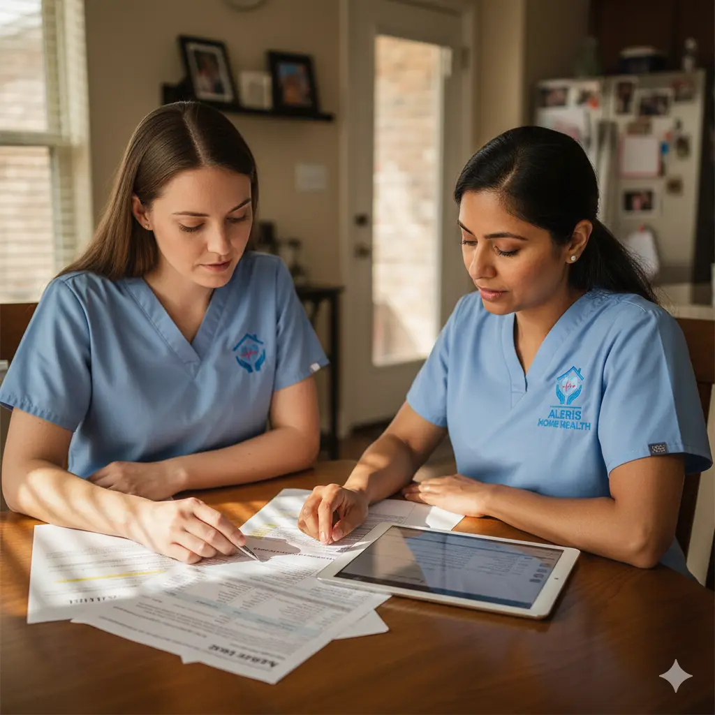 Nurse and caregiver coordinating a 24-hour care plan.