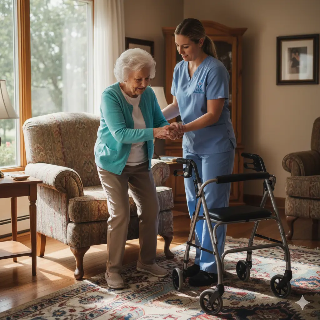In-home nursing support for safe transfers Licensed nurse assisting an older adult to stand from a chair in a bright living room.