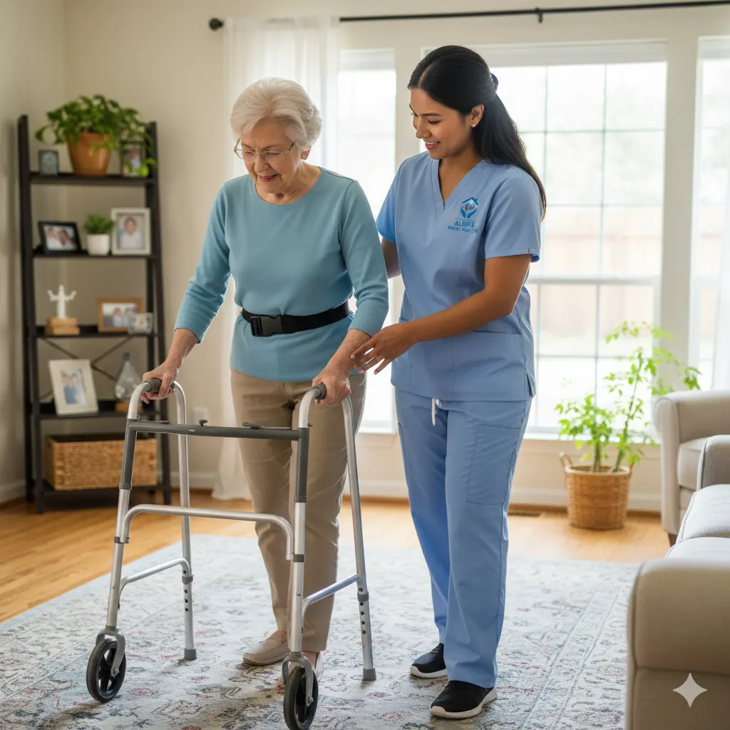 Therapist assisting patient with walking at home.