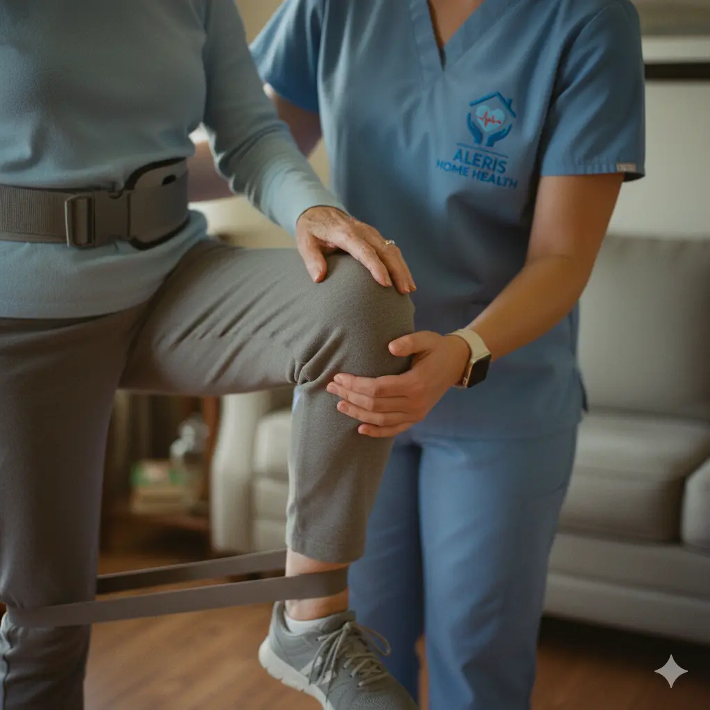 Therapist supporting knee during ROM exercise.