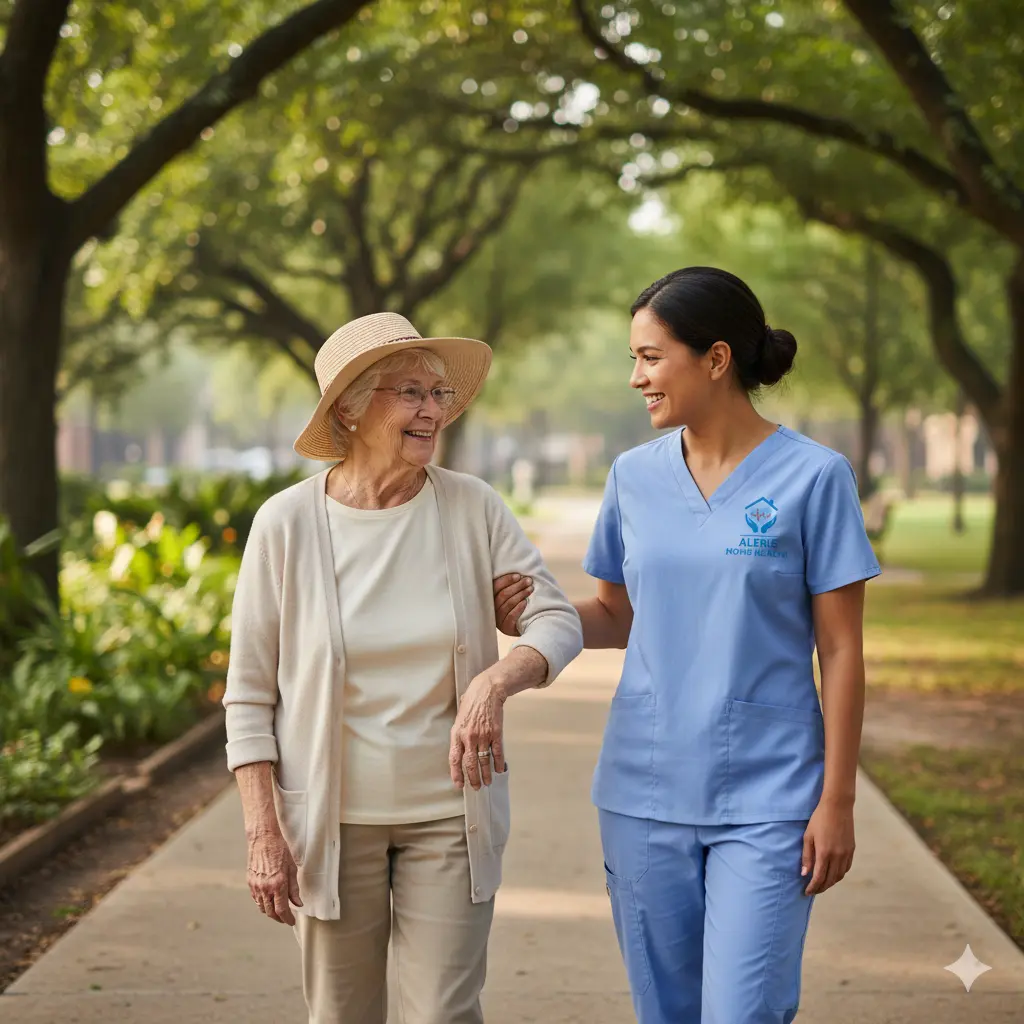 Companion caregiver walking with elderly woman in a Sugar Land park, offering safety support.