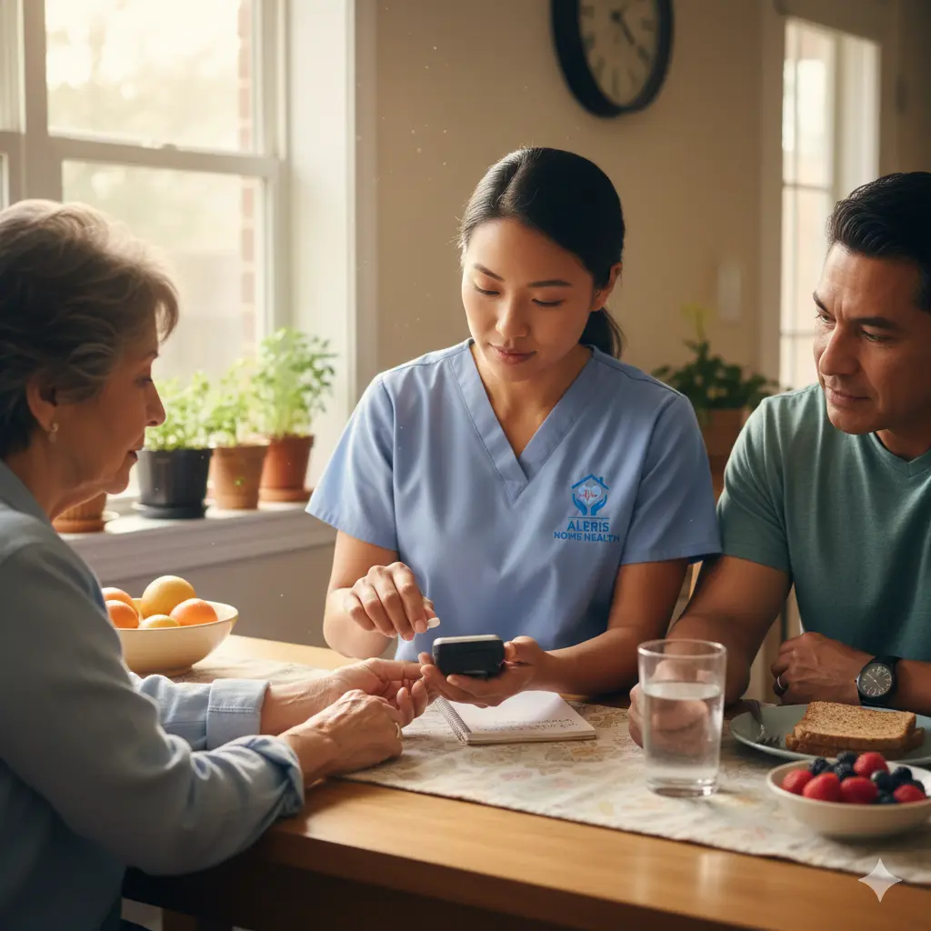 In-home nurse checking a senior’s blood glucose with healthy meal setup in a Houston home for diabetes care.