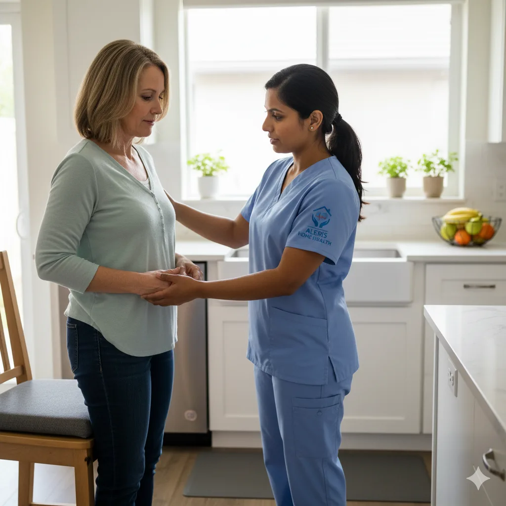In-home occupational therapy session in Sugar Land Occupational therapist coaching a woman to stand from a chair in a kitchen