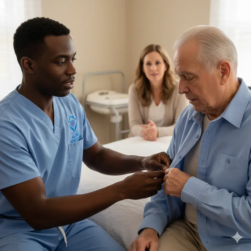 Dressing training during a home visit Therapist teaching dressing techniques to senior man at bedside with adaptive clothing