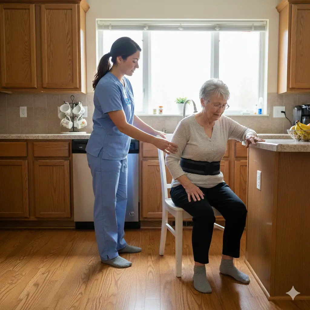 Caregiver learning safe transfer under therapist guidance.