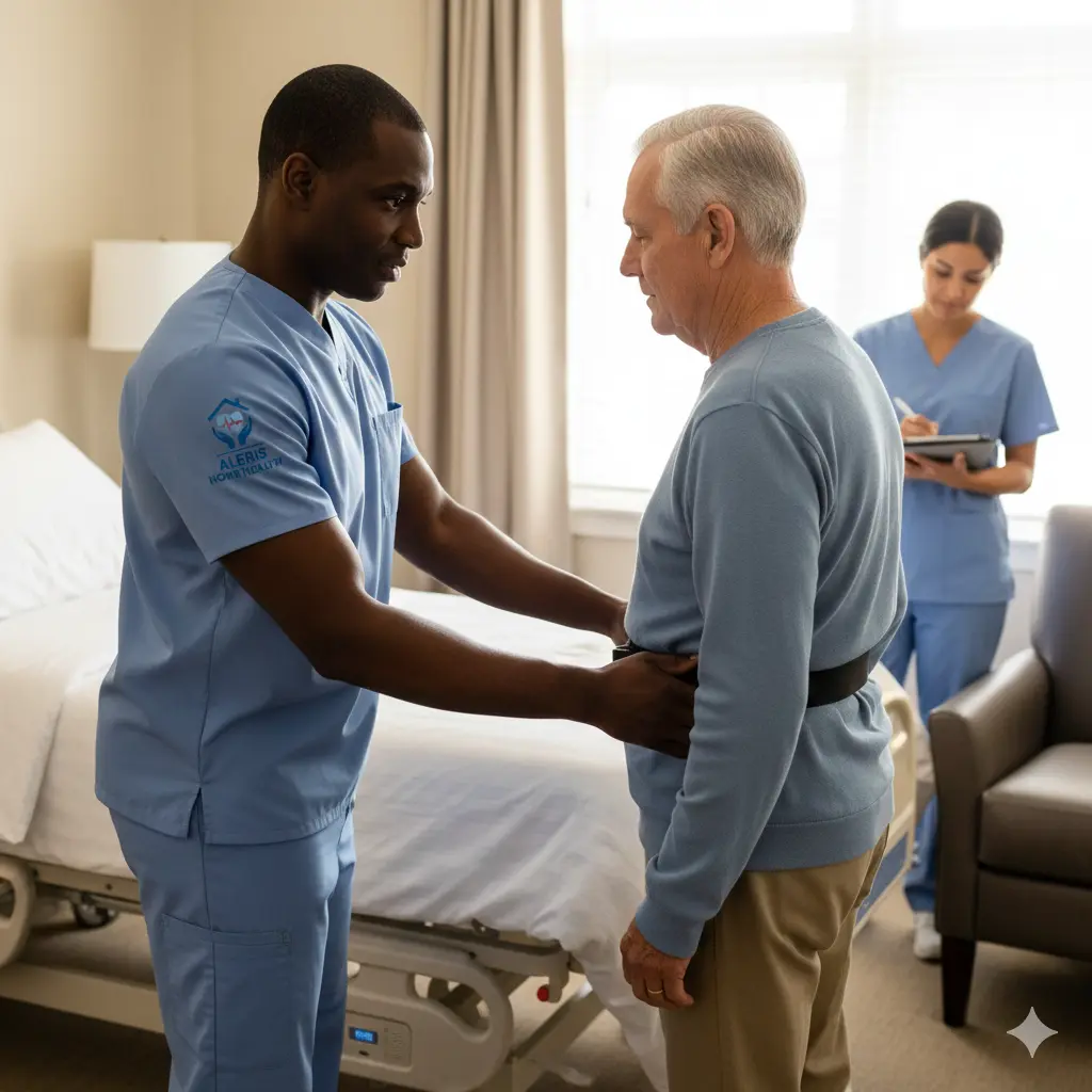 Safe transfer training at home Therapist coaching safe bed-to-chair transfer with caregiver.