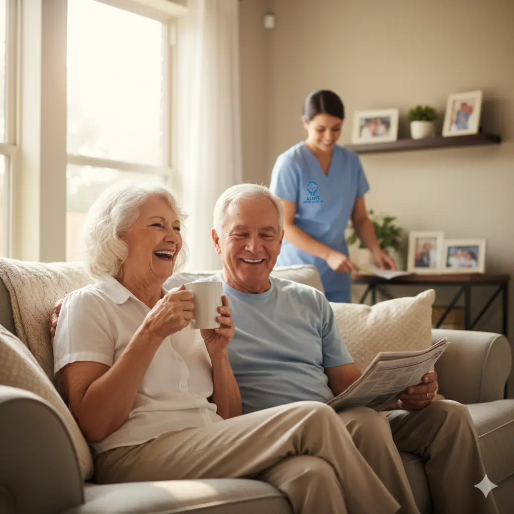 Senior couple with caregiver at home
