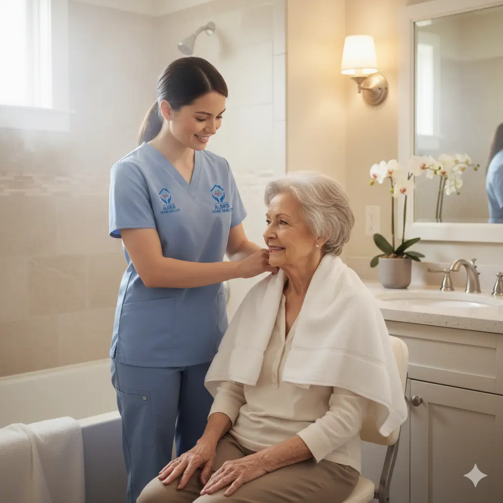 Personal Care Assistance at Home Caregiver assisting senior with bathing and grooming