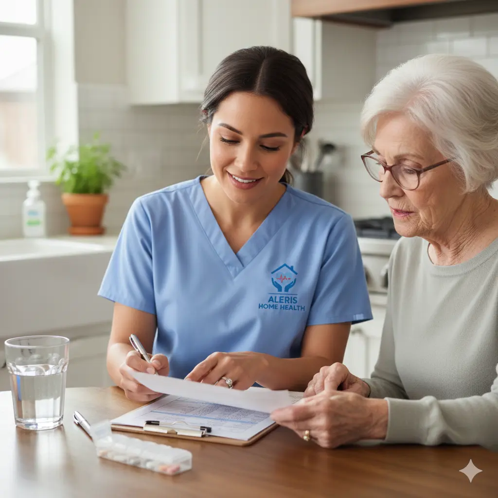 Medication Review for Elder Care Katy Nurse reviewing medication chart with senior woman in Katy home.