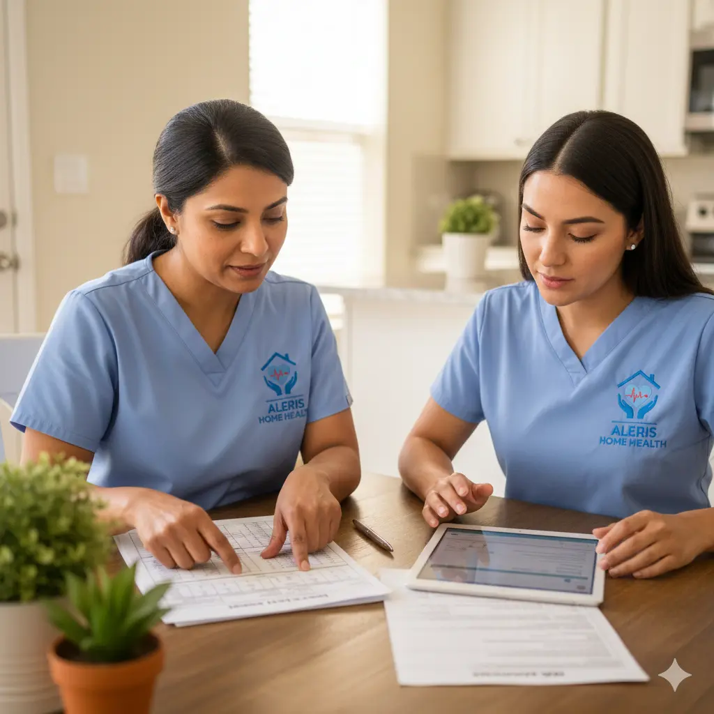 Nurse and caregiver review 24-hour care plan at kitchen table