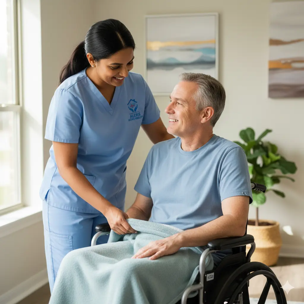 Professional home health nurse assisting a wheelchair-using adult with daily in-home care in Houston TX
