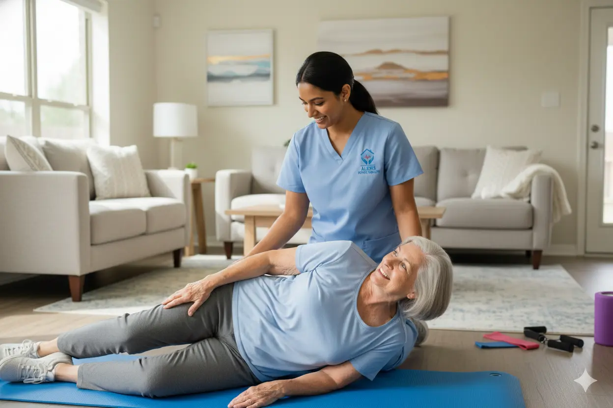In-home physical therapy for back pain with therapist assisting patient