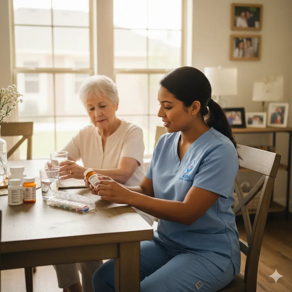 In-Home Private Duty Nursing Care Private duty nurse assisting with medication at home