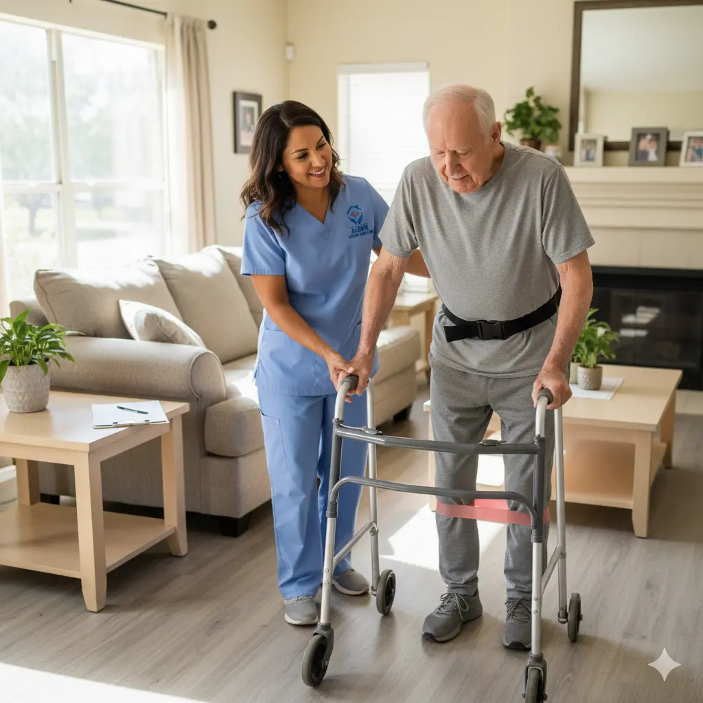 Elder care nurse helping senior man walk safely at home in Katy.